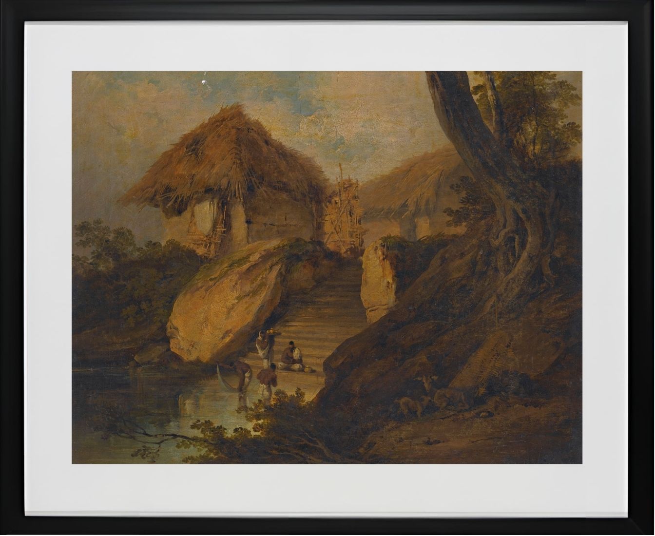Figures Washing In A River With Thatched Huts Behind, Bengal, India