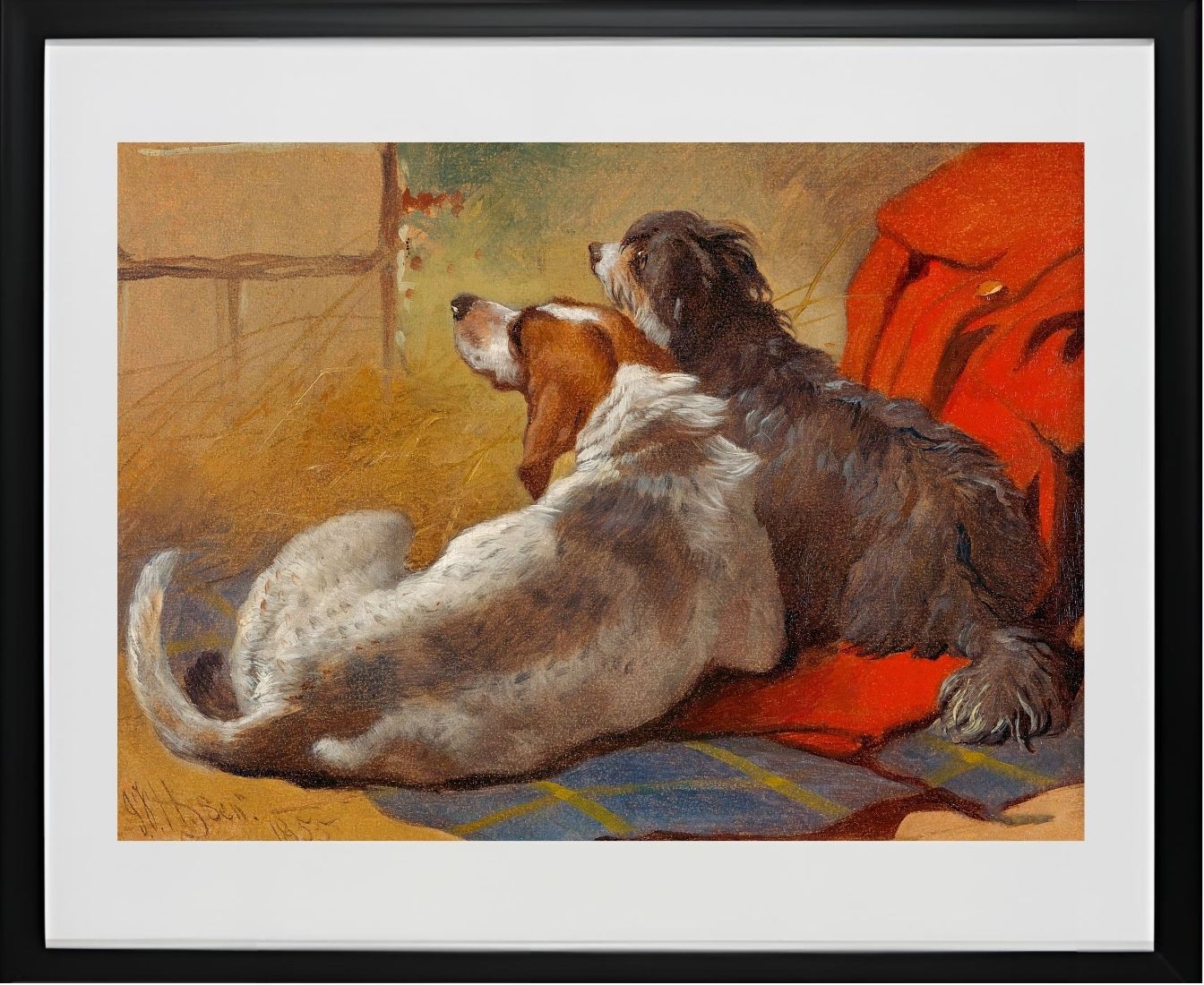 A Hound and a Bearded Collie seated on a Hunting Coat