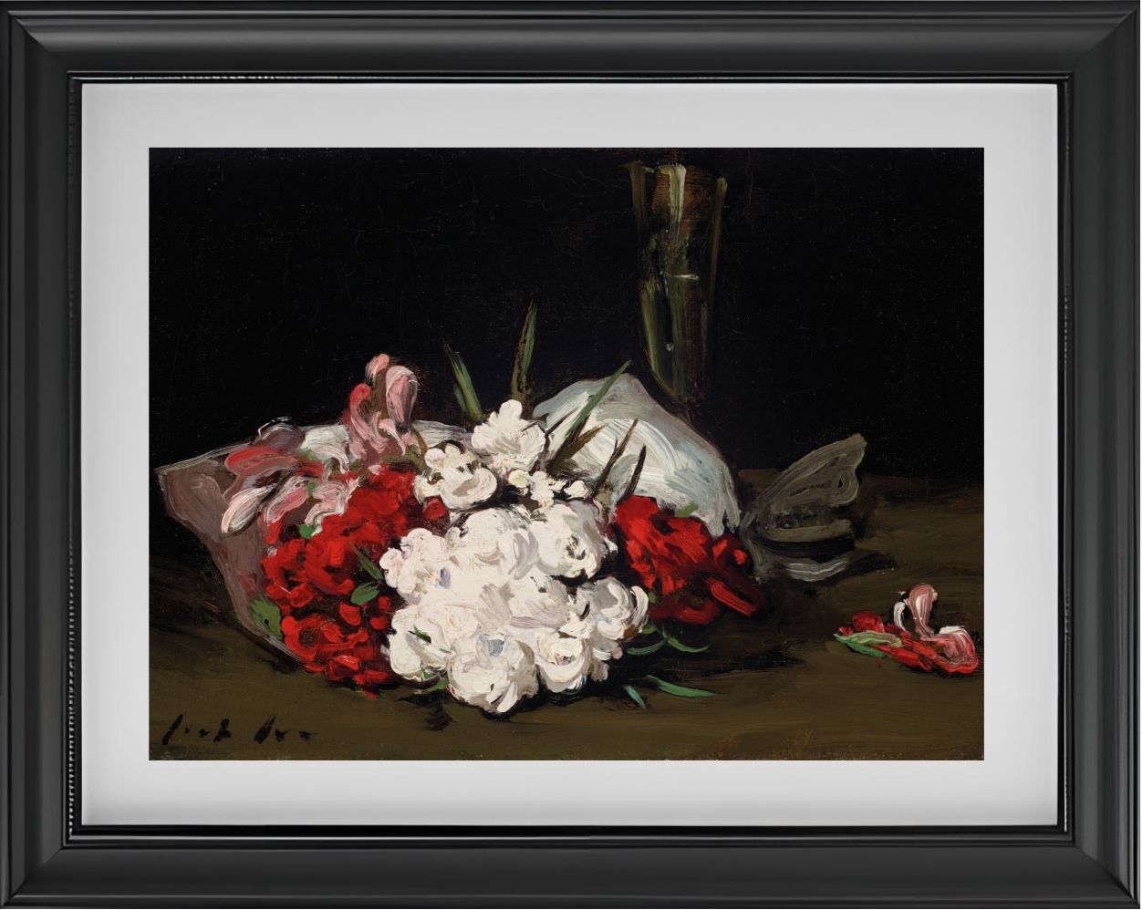 Bouquet of Red and White Flowers with a Champagne Glass