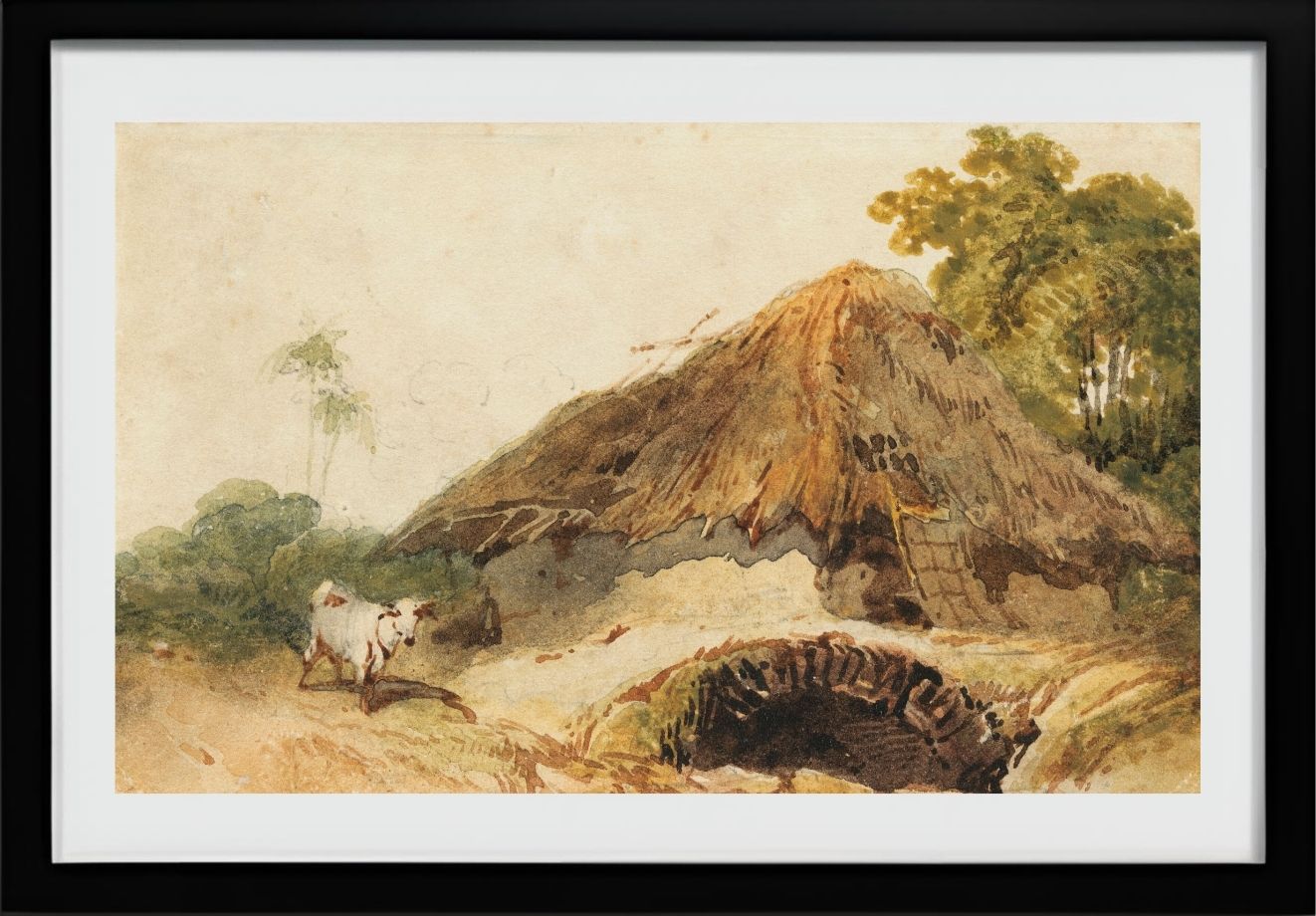 A Bengal scene with a thatched dwelling and a goat beside a bridge