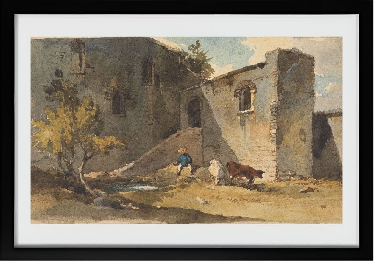 Figure with Cattle Standing in the Shadow of a Building