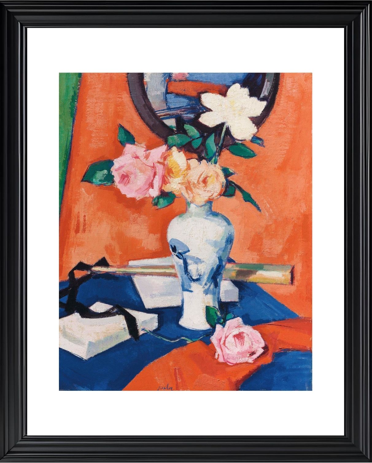 Roses in a vase against an orange background