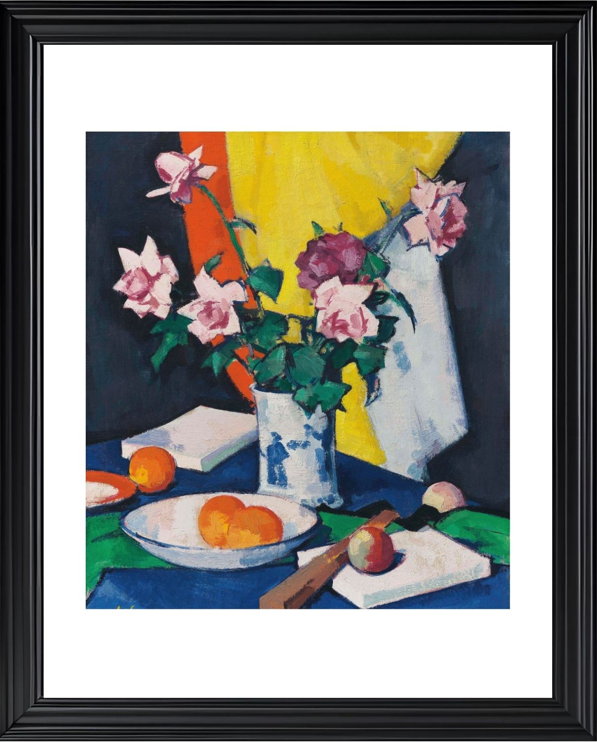 Red and pink roses, oranges and fan