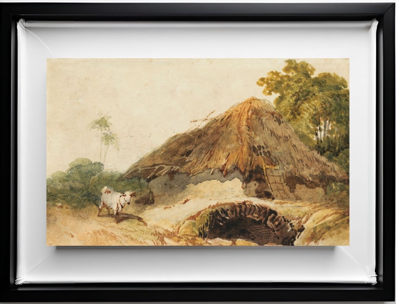 A Bengal scene with a thatched dwelling and a goat beside a bridge