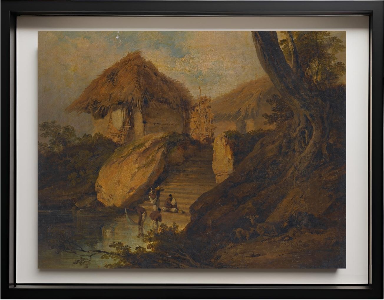 Figures Washing In A River With Thatched Huts Behind, Bengal, India