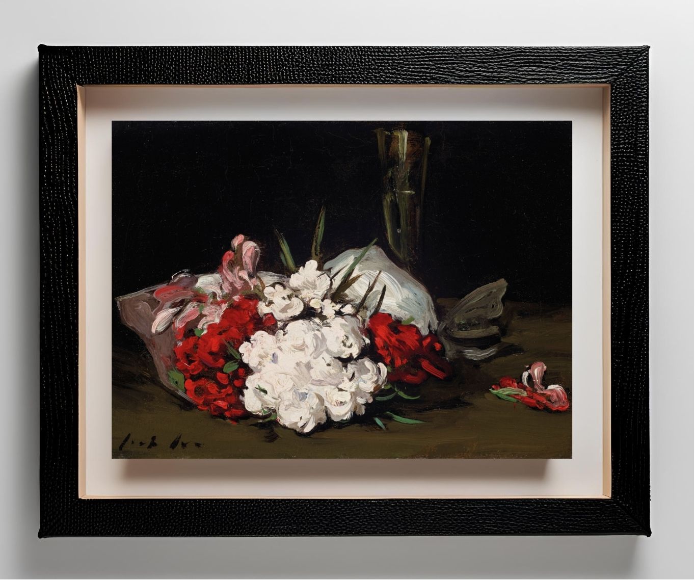 Bouquet of Red and White Flowers with a Champagne Glass