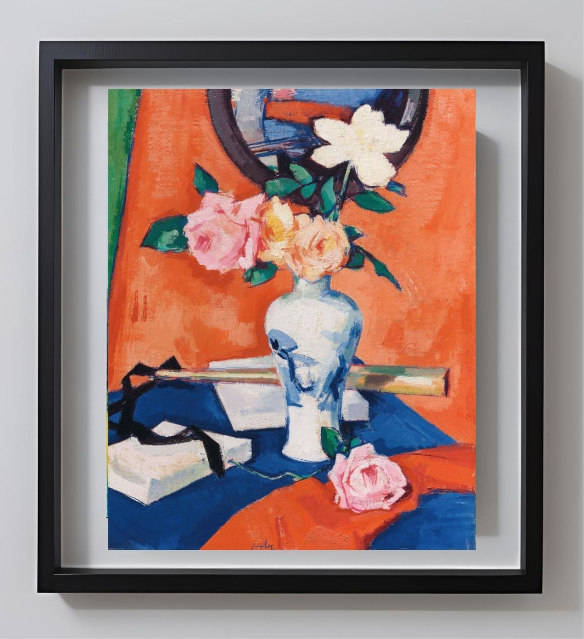 Roses in a vase against an orange background