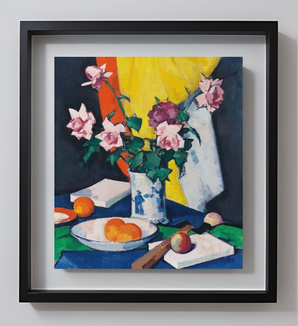 Red and pink roses, oranges and fan