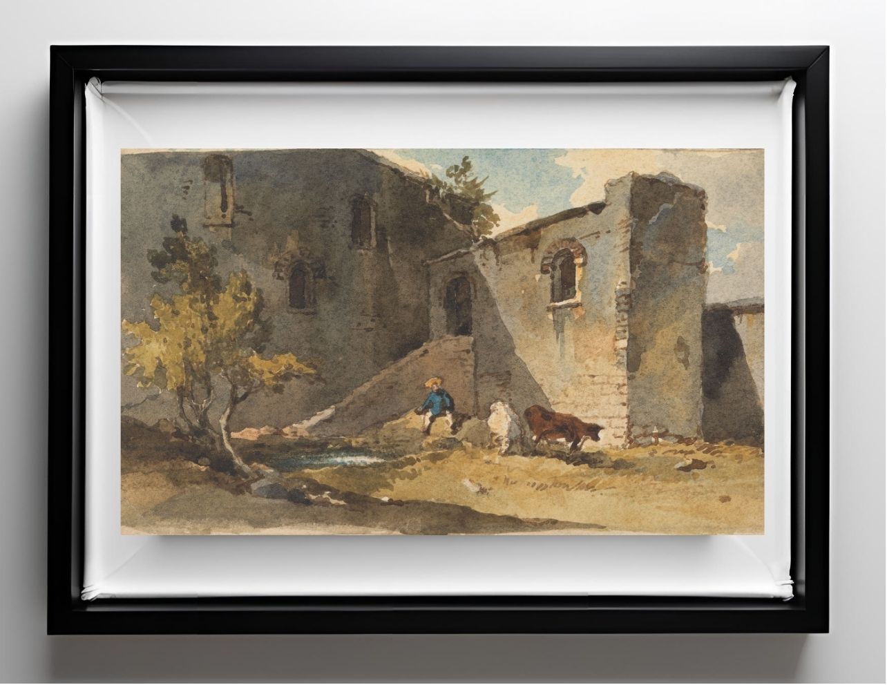 Figure with Cattle Standing in the Shadow of a Building