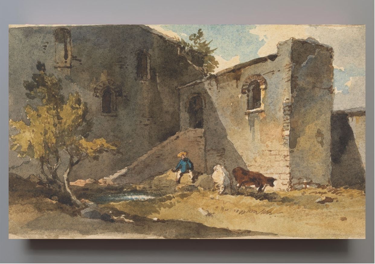 Figure with Cattle Standing in the Shadow of a Building