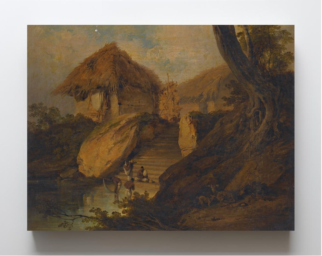 Figures Washing In A River With Thatched Huts Behind, Bengal, India