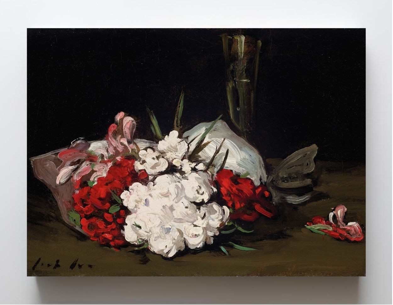 Bouquet of Red and White Flowers with a Champagne Glass