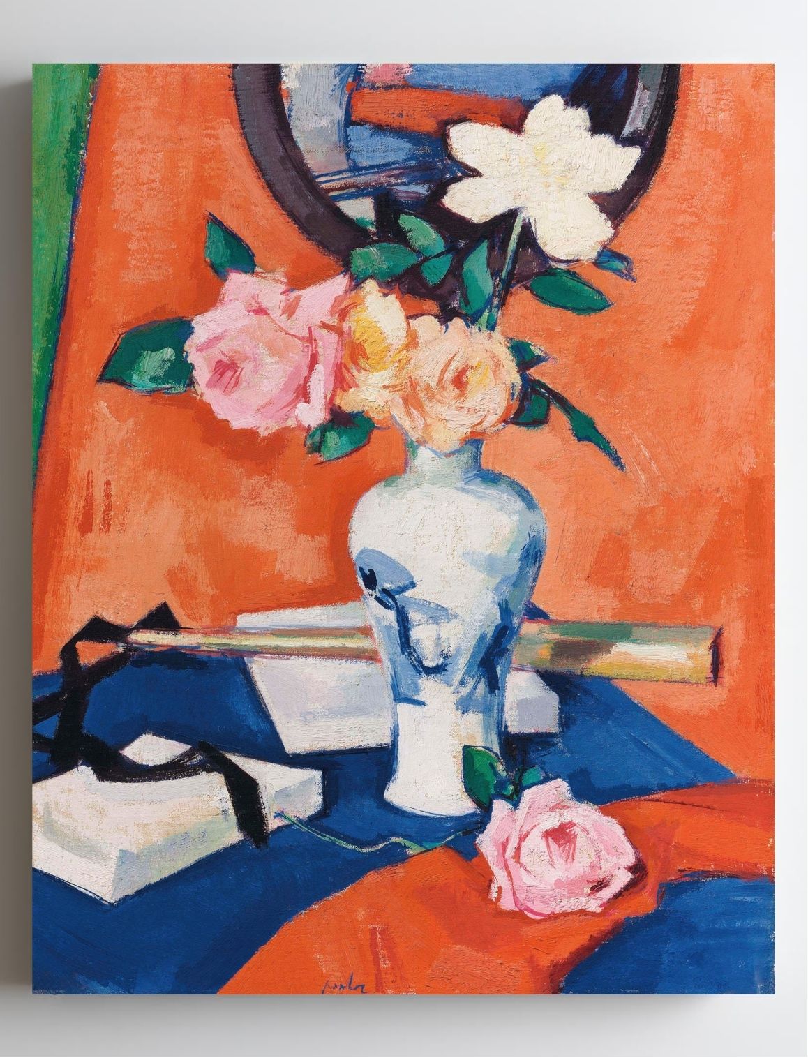 Roses in a vase against an orange background