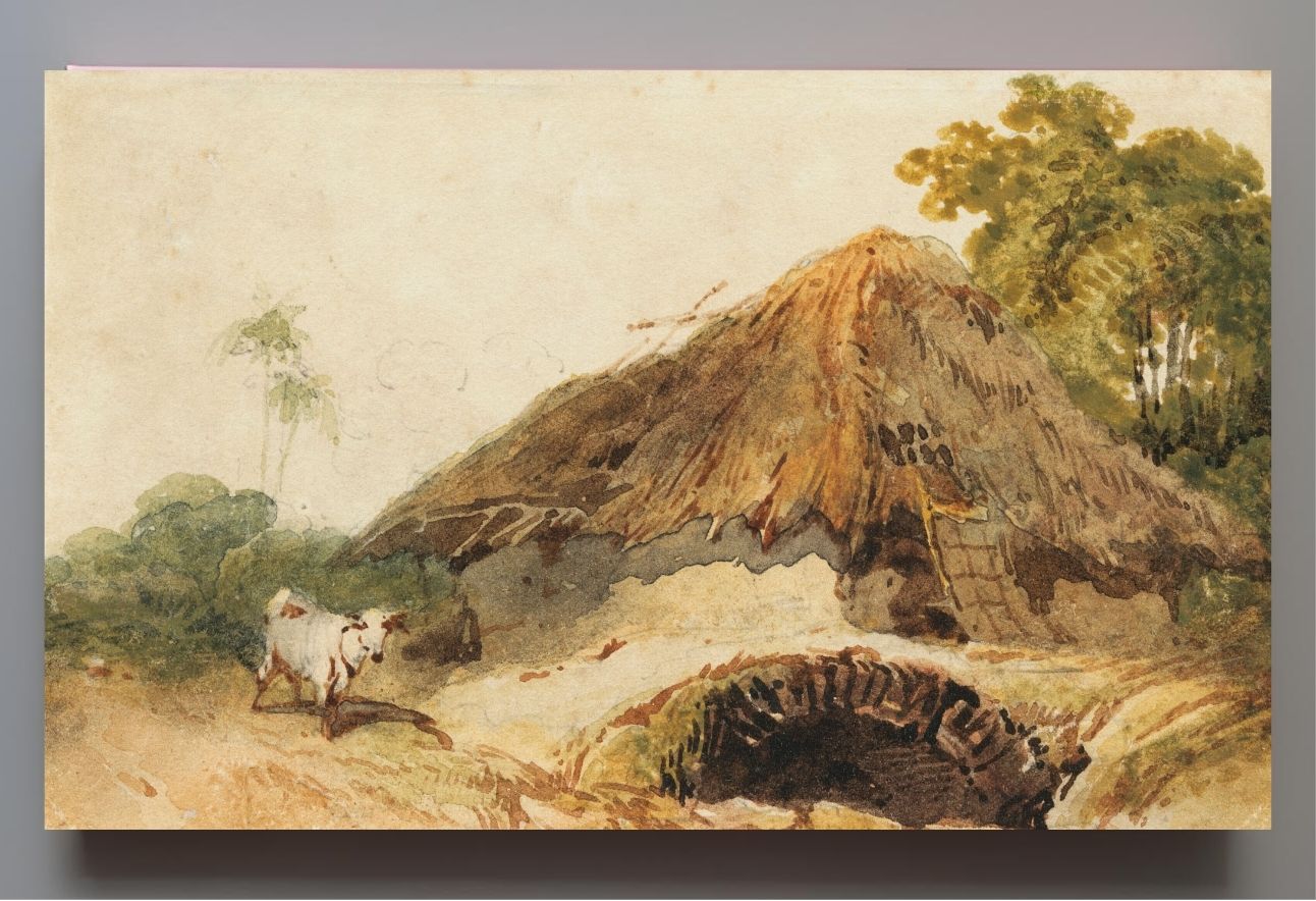 A Bengal scene with a thatched dwelling and a goat beside a bridge