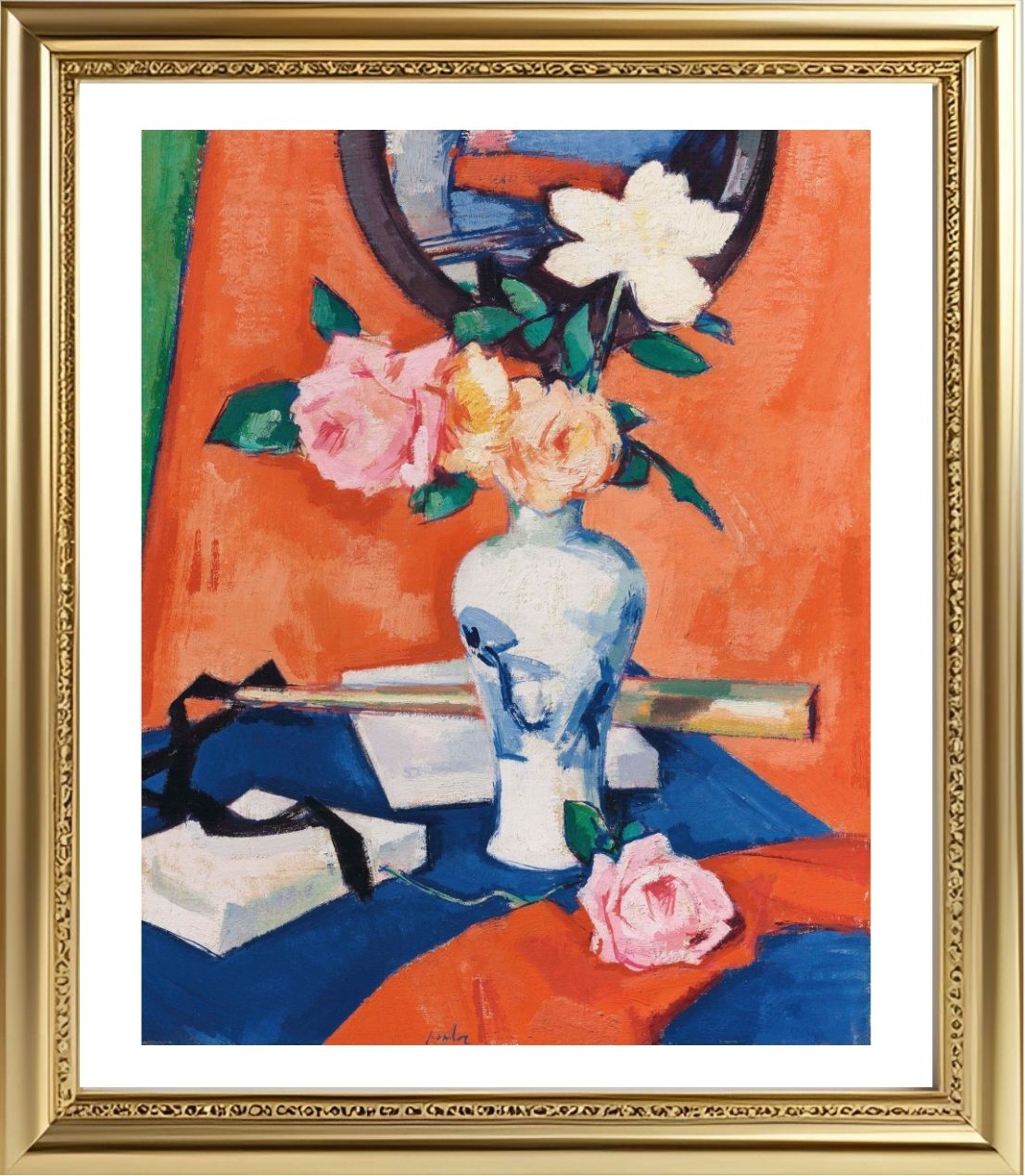 Roses in a vase against an orange background