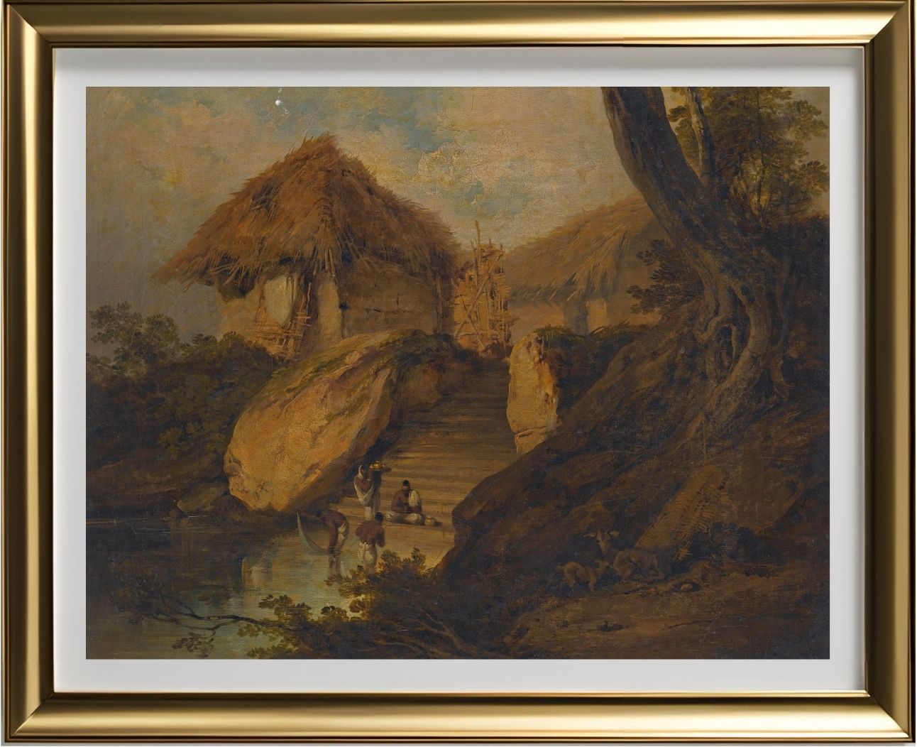 Figures Washing In A River With Thatched Huts Behind, Bengal, India