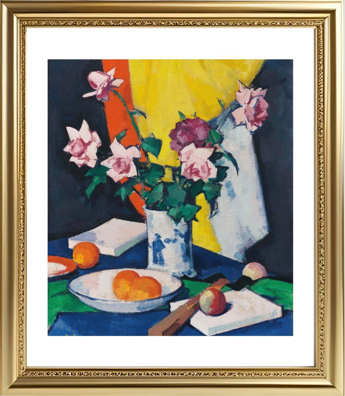 Red and pink roses, oranges and fan