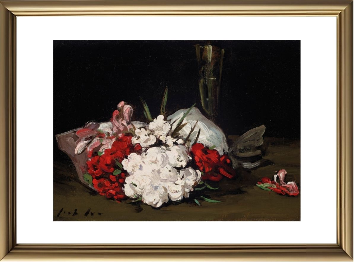 Bouquet of Red and White Flowers with a Champagne Glass