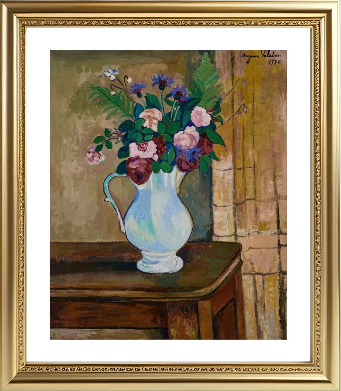 Bouquet de roses, bleuets et fougères