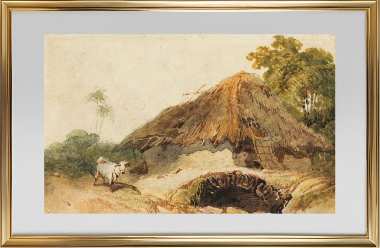 A Bengal scene with a thatched dwelling and a goat beside a bridge