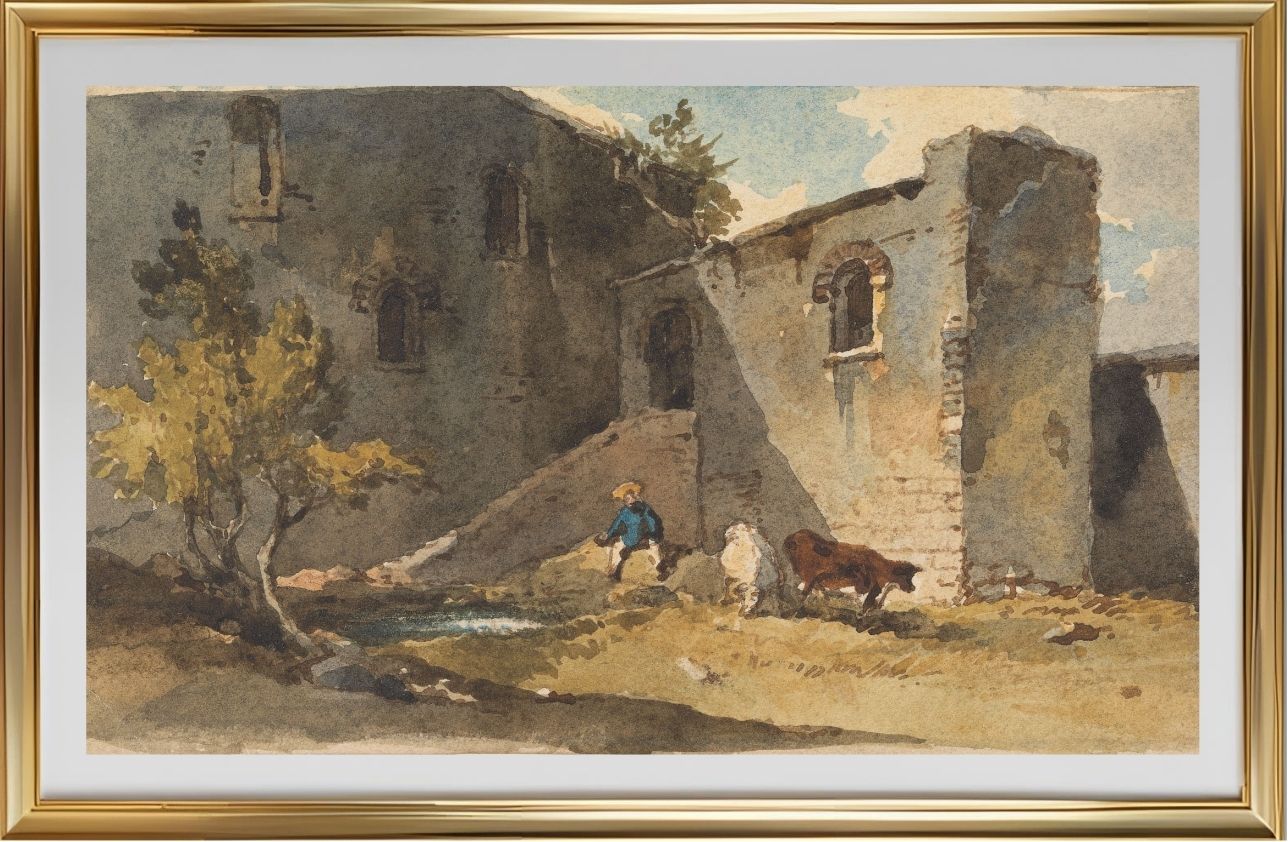 Figure with Cattle Standing in the Shadow of a Building
