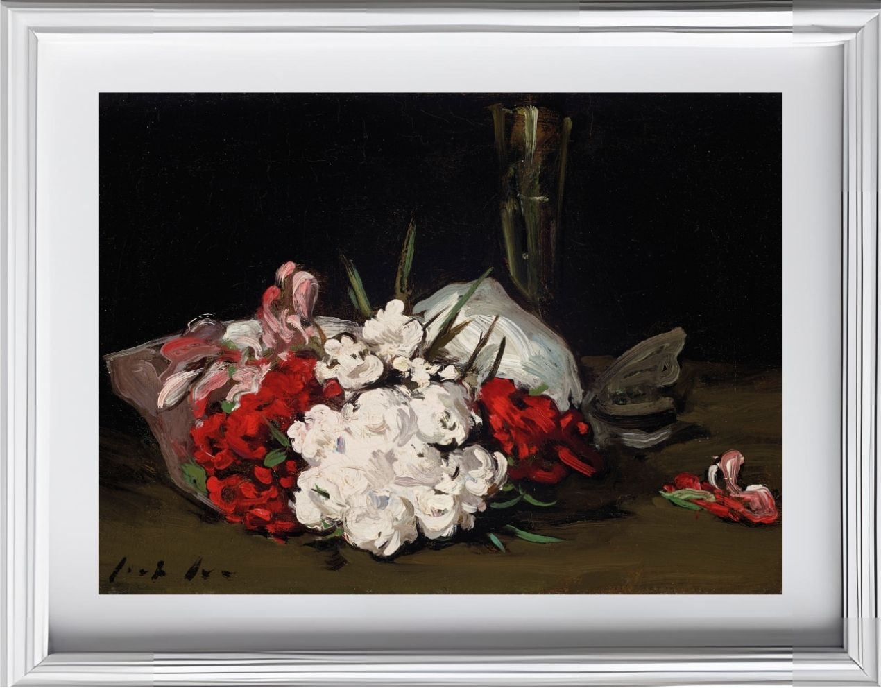 Bouquet of Red and White Flowers with a Champagne Glass