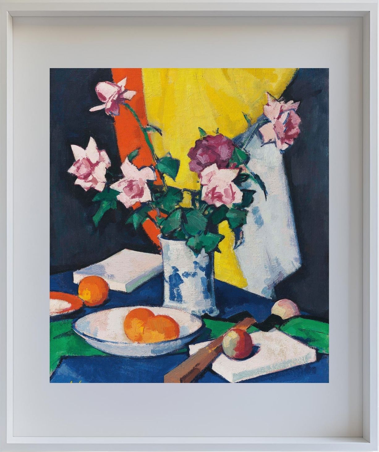 Red and pink roses, oranges and fan