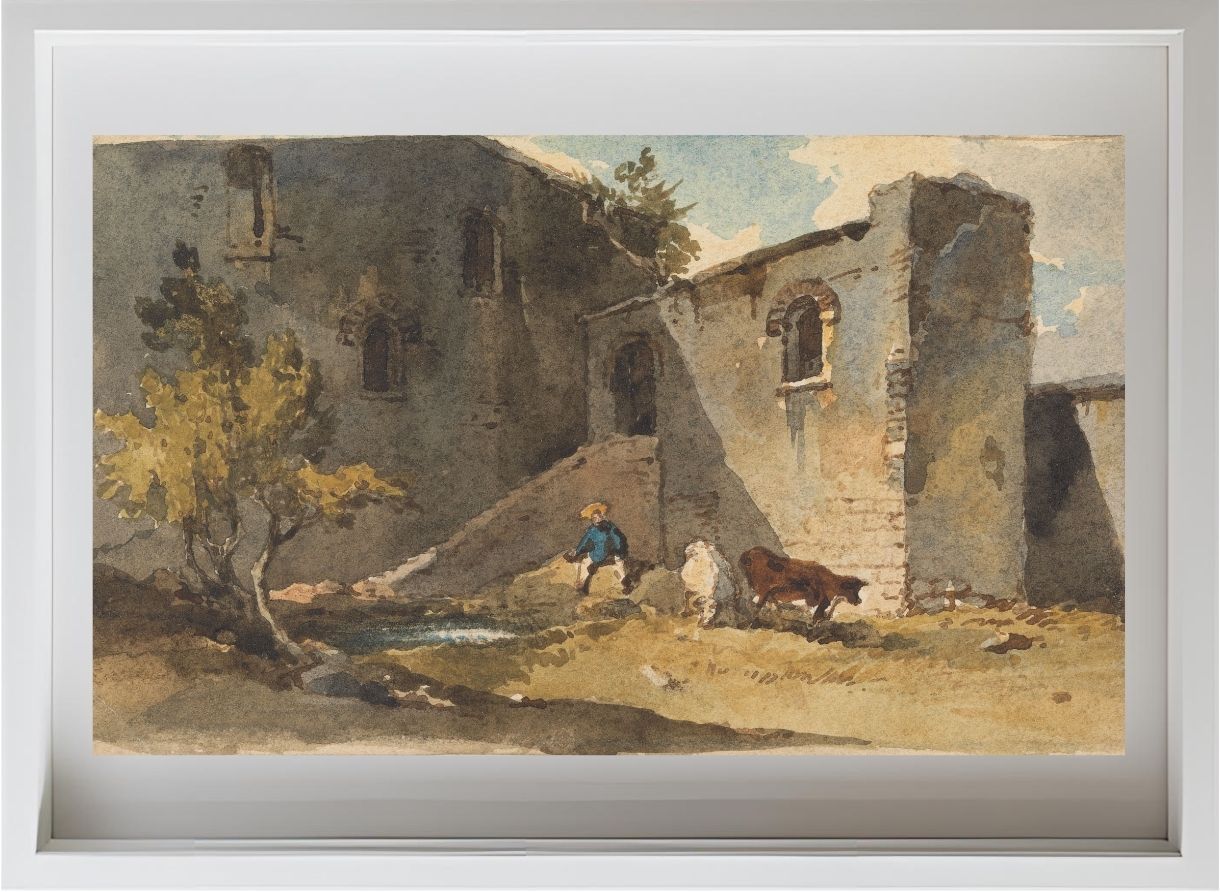 Figure with Cattle Standing in the Shadow of a Building