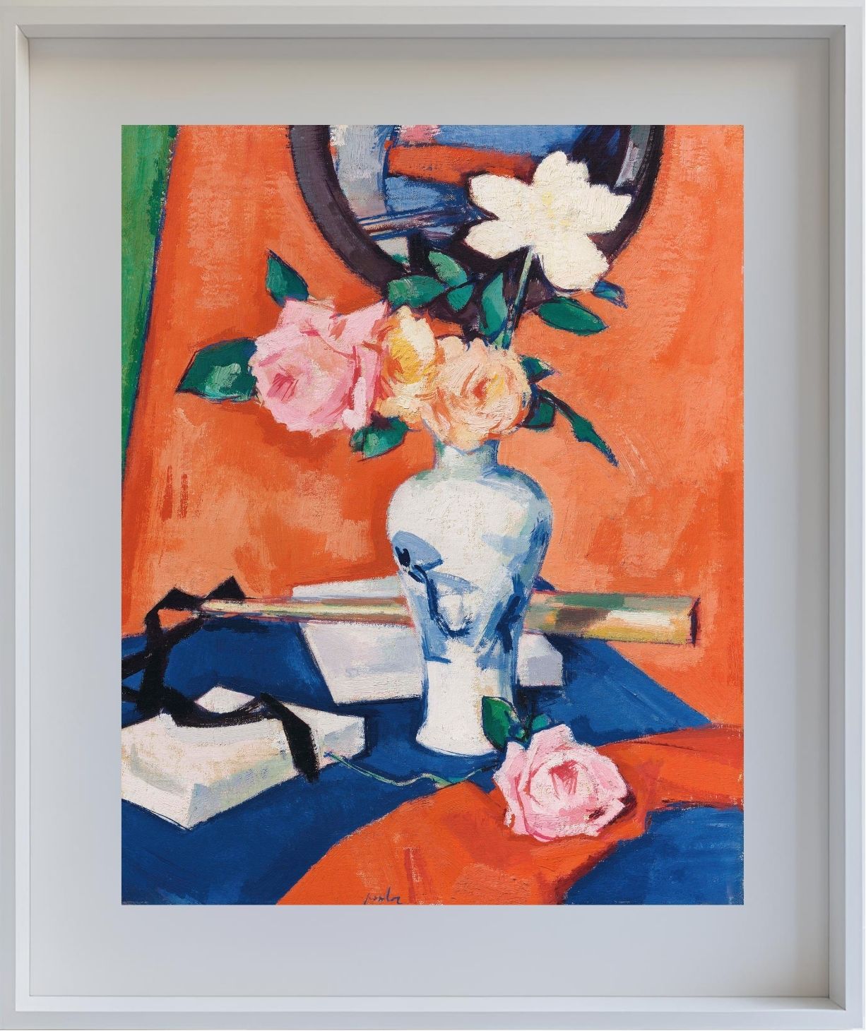 Roses in a vase against an orange background