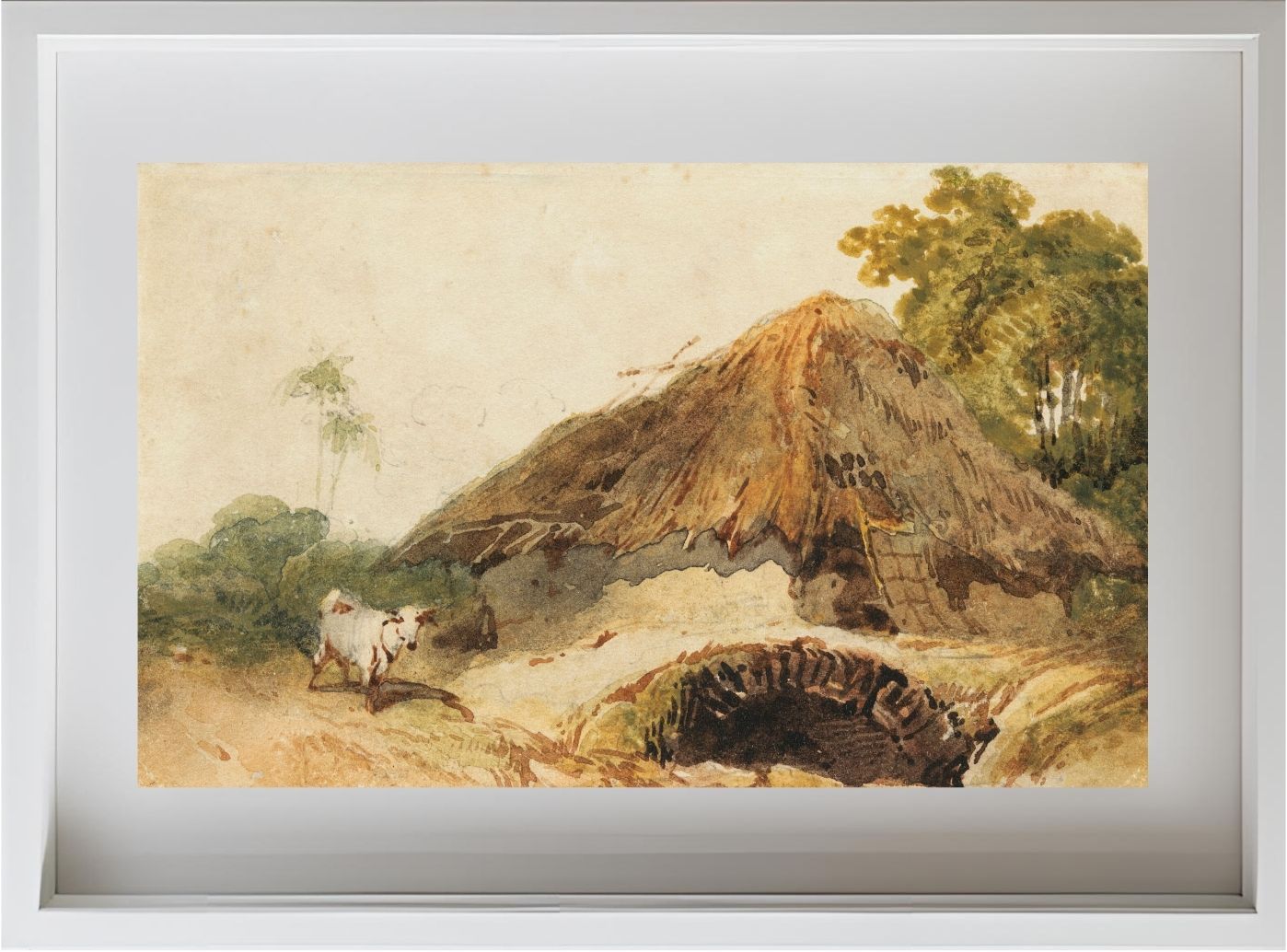 A Bengal scene with a thatched dwelling and a goat beside a bridge