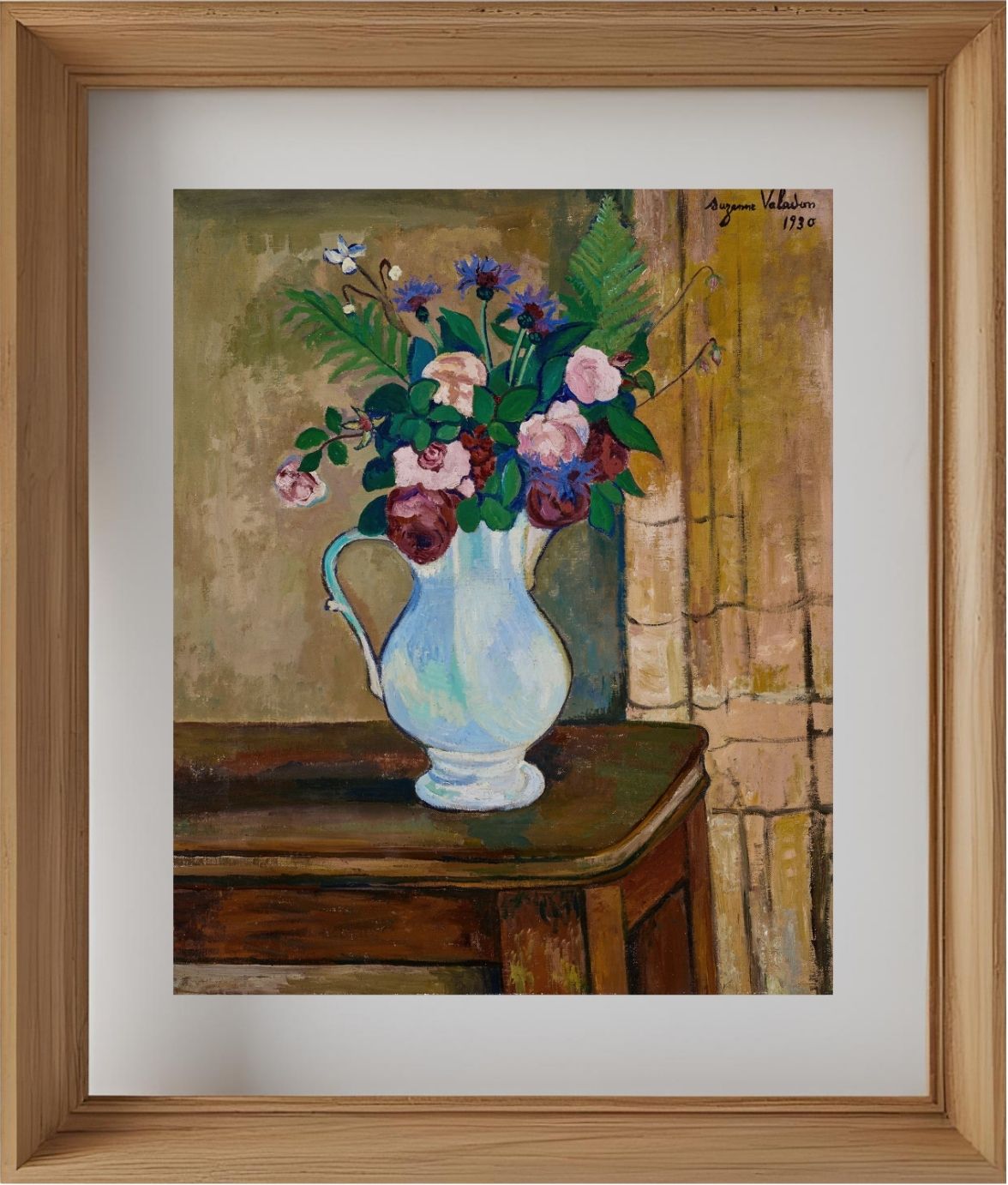 Bouquet de roses, bleuets et fougères