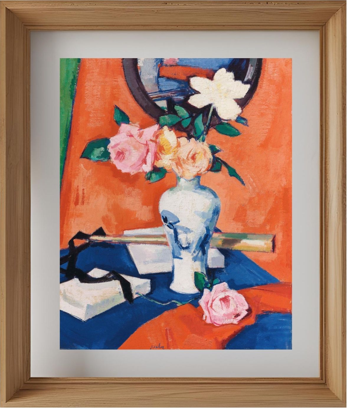Roses in a vase against an orange background