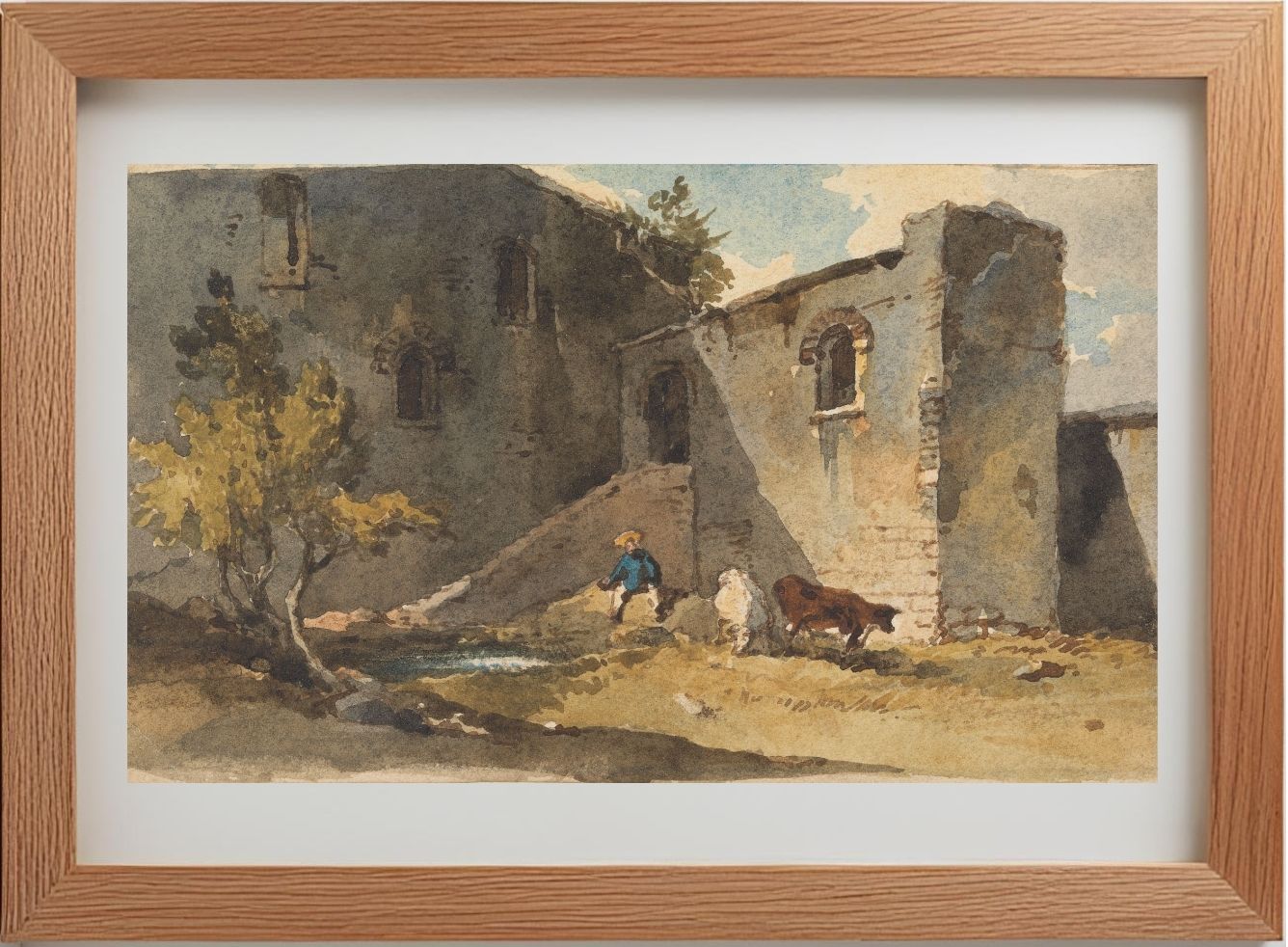 Figure with Cattle Standing in the Shadow of a Building