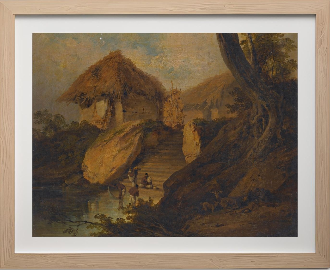 Figures Washing In A River With Thatched Huts Behind, Bengal, India