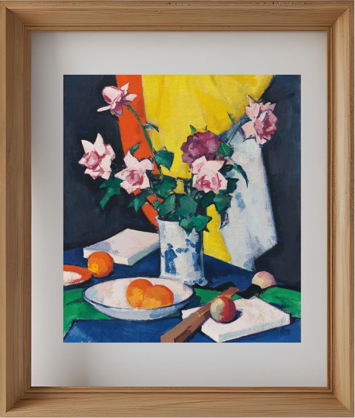 Red and pink roses, oranges and fan