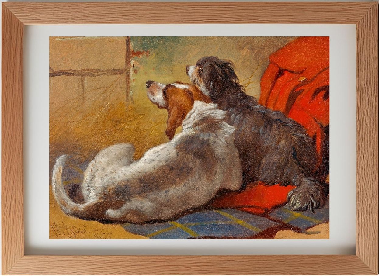 A Hound and a Bearded Collie seated on a Hunting Coat