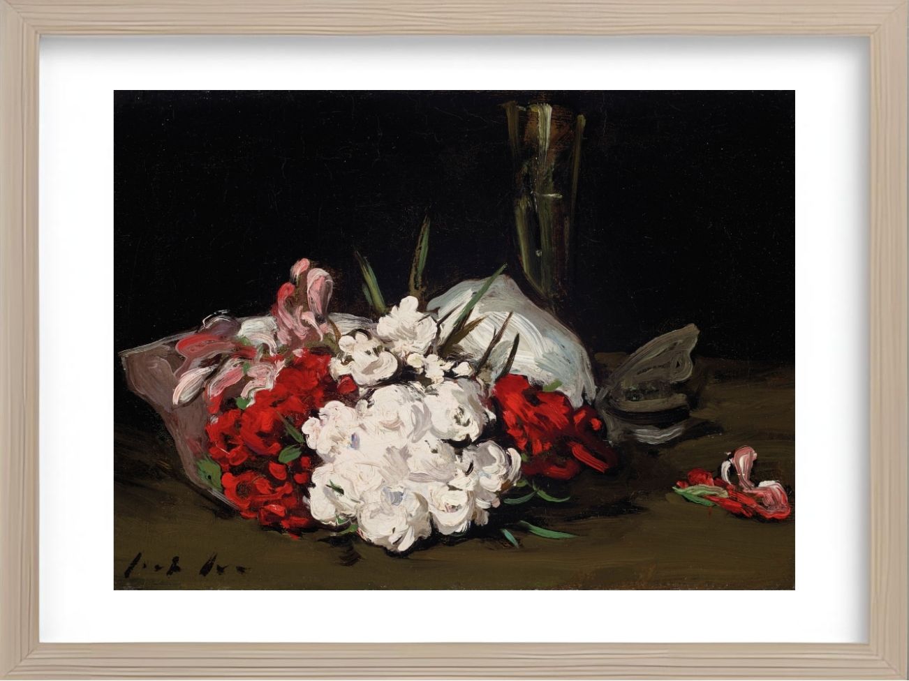 Bouquet of Red and White Flowers with a Champagne Glass