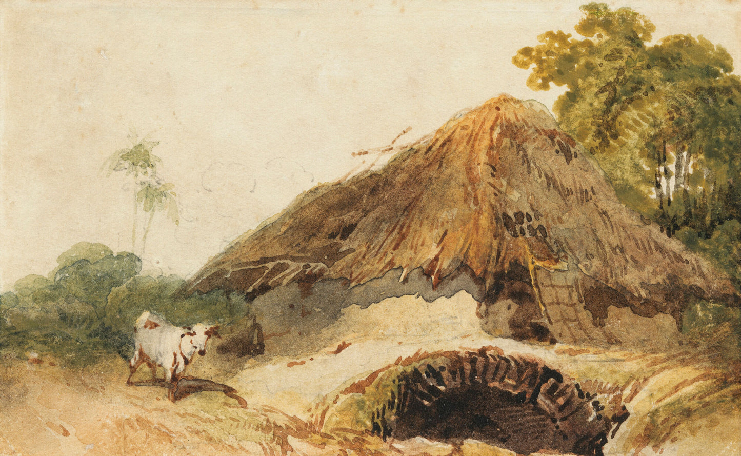 A Bengal scene with a thatched dwelling and a goat beside a bridge