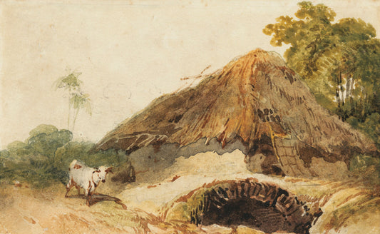 A Bengal scene with a thatched dwelling and a goat beside a bridge