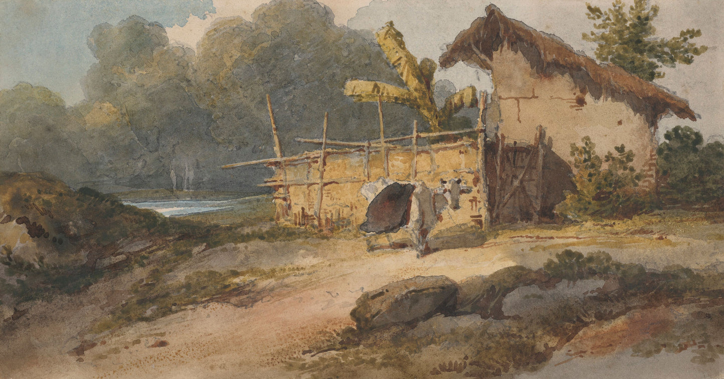 A hut by a river with a cow, Bengal