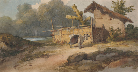 A hut by a river with a cow, Bengal