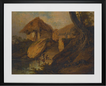 Figures Washing In A River With Thatched Huts Behind, Bengal, India