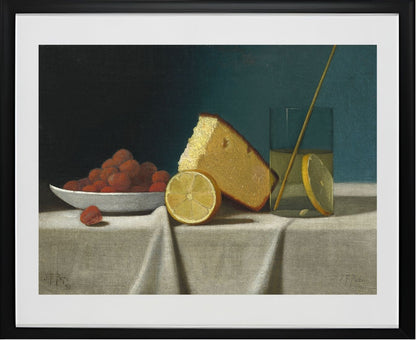 Still Life with Cake,Lemon Strawberries and Glass