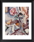 Pink rose in a glass vase with fruit