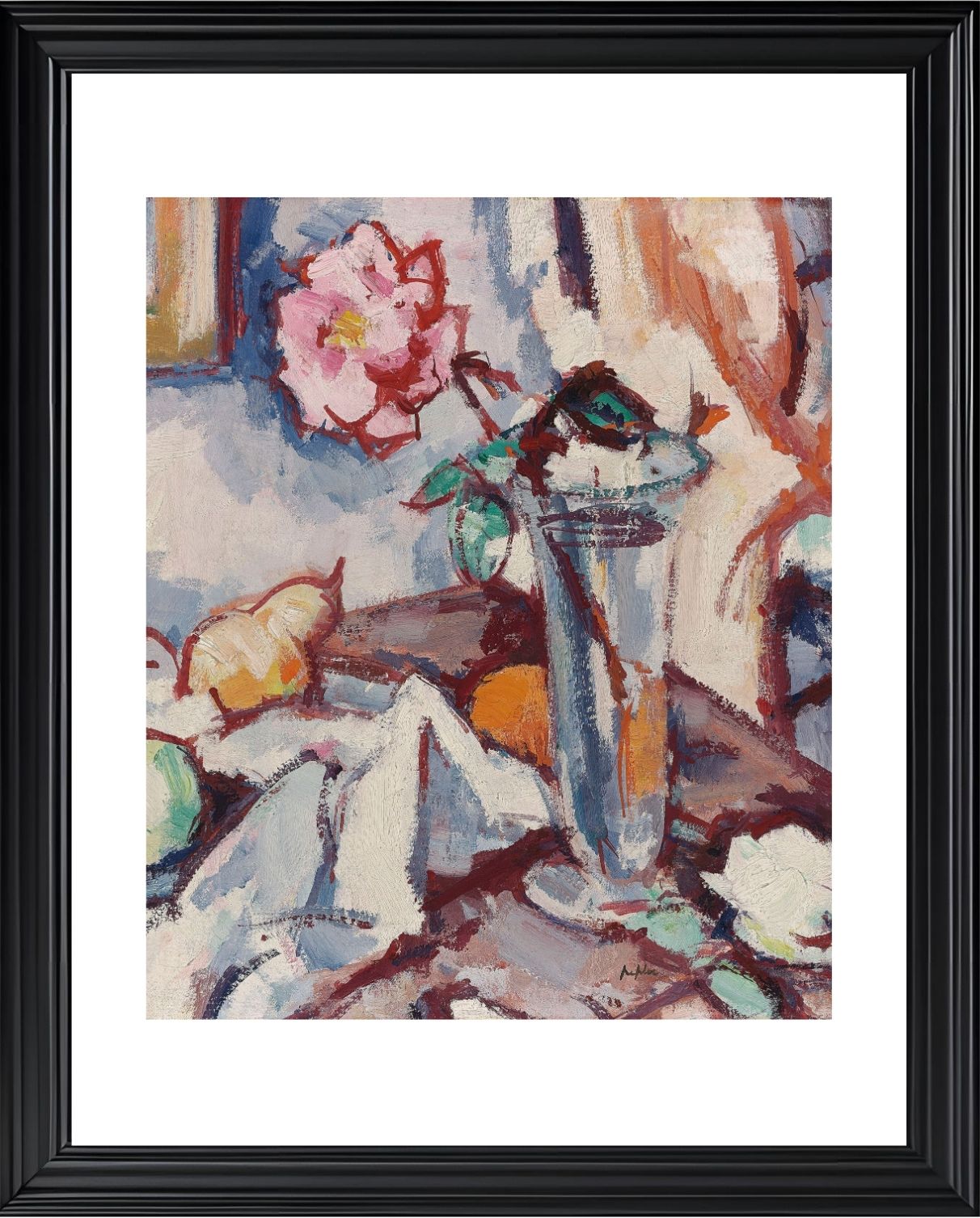 Pink rose in a glass vase with fruit