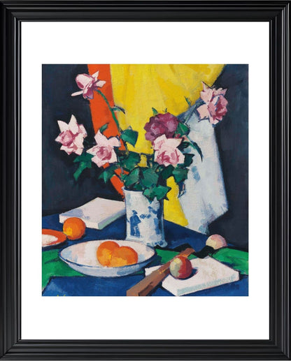 Red and pink roses, oranges and fan