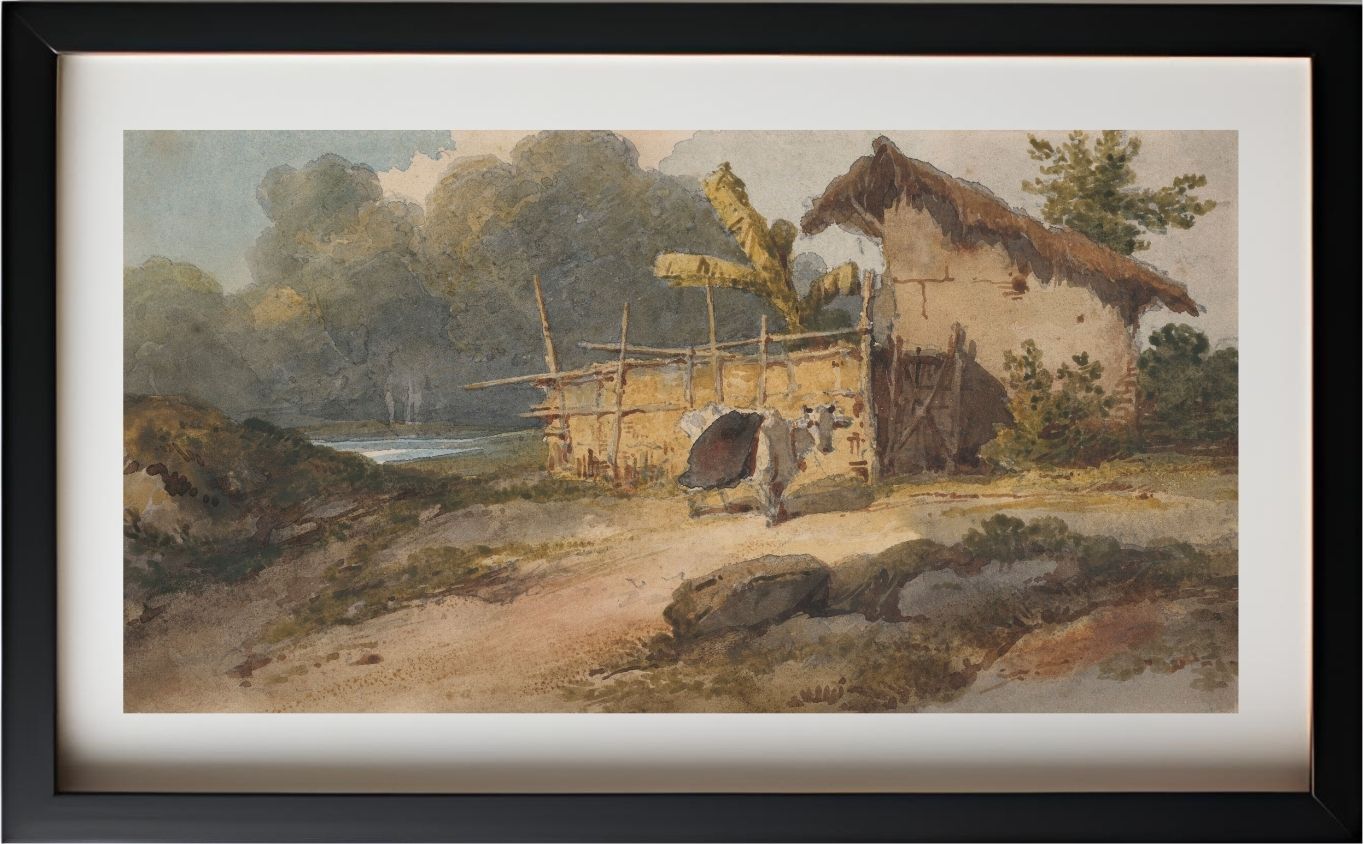 A hut by a river with a cow, Bengal