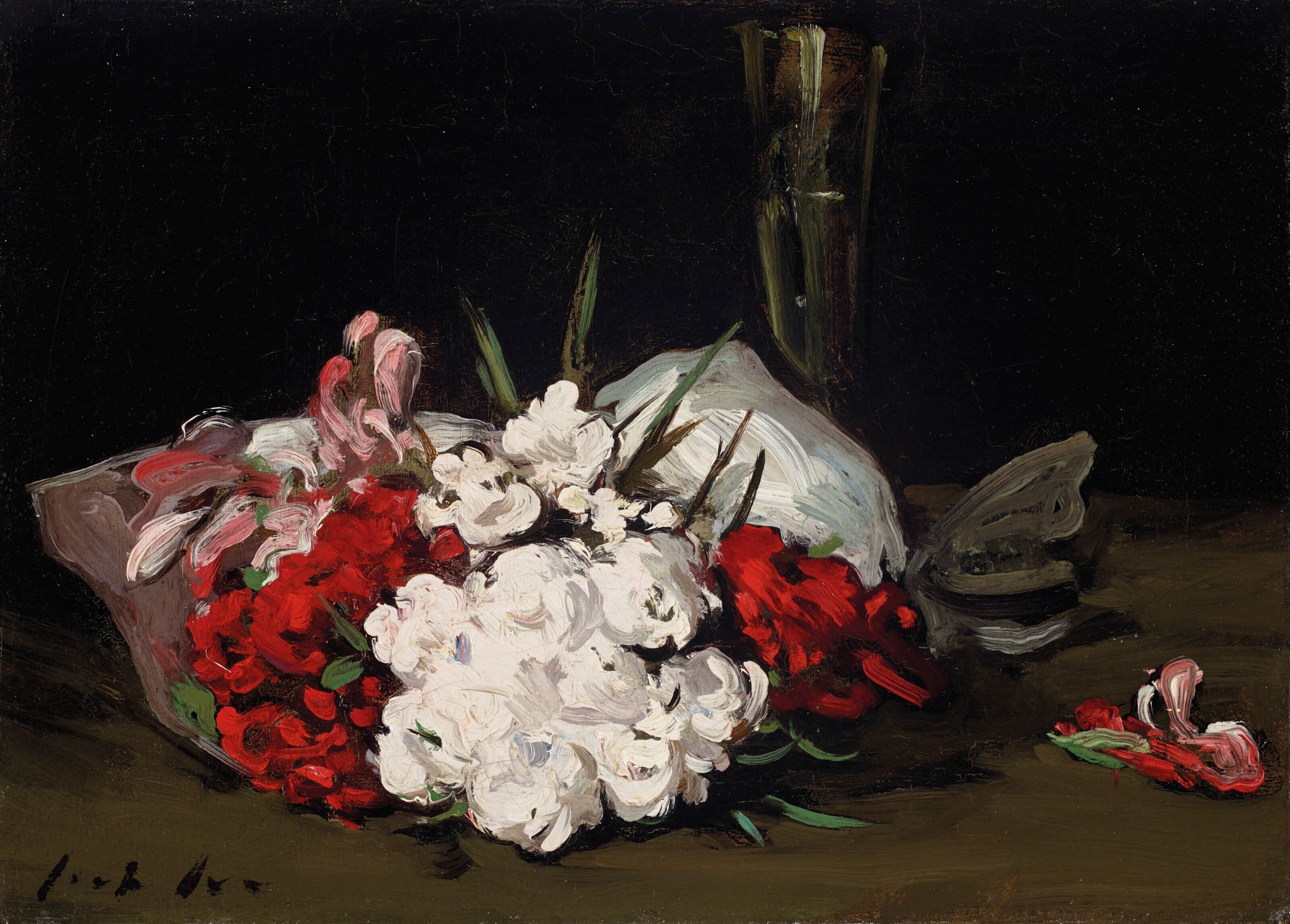 Bouquet of Red and White Flowers with a Champagne Glass