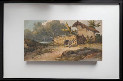 A hut by a river with a cow, Bengal