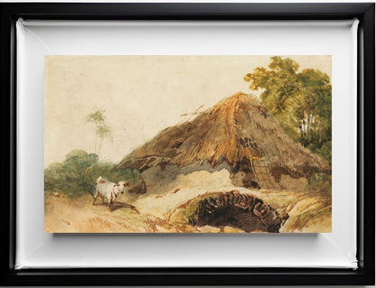 A Bengal scene with a thatched dwelling and a goat beside a bridge
